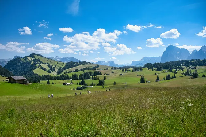 The broad green meadows of Alpe di Siusi with scattered wooden huts and the Sassolungo group on the horizon