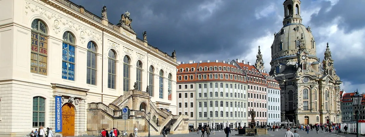 The Neumarkt square in Dresden's Altstadt, with the Johanneum building on the left and the Frauenkirche's baroque dome rising on the right