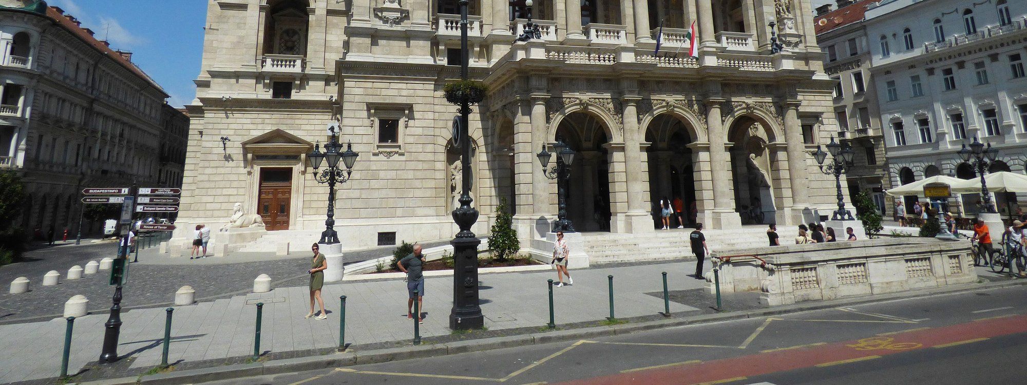 The Neo-Renaissance facade of the Hungarian State Opera House on Andrássy út, with its arcaded entrance and statues
