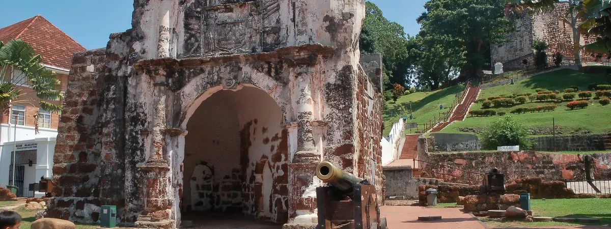 The ruined Porta de Santiago gate, the last remnant of the A Famosa Portuguese fortress, in Malacca's Bandar Hilir