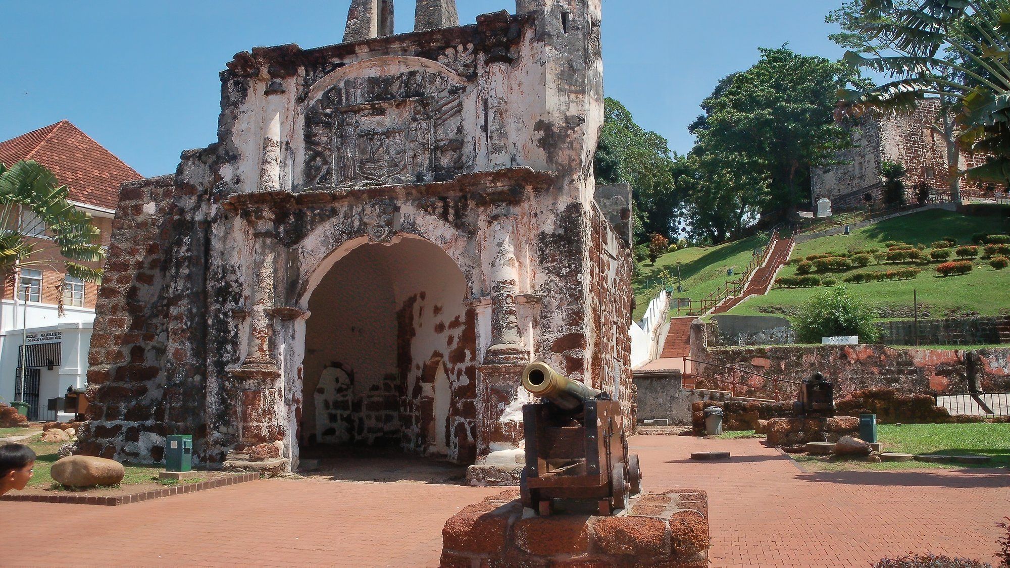 The ruined Porta de Santiago gate, the last remnant of the A Famosa Portuguese fortress, in Malacca's Bandar Hilir