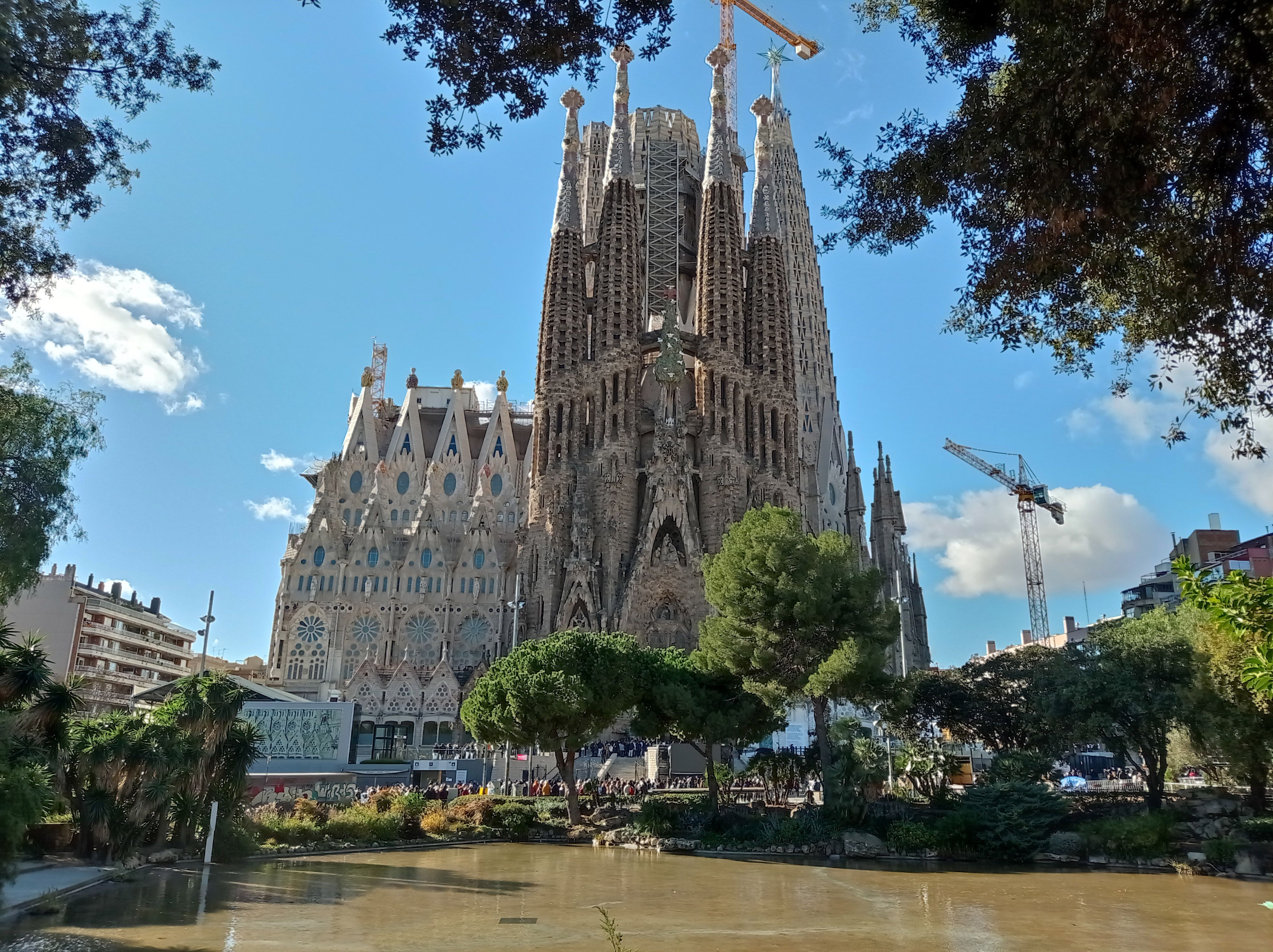The Sagrada Família's towers and spires rising above a park pond, framed by trees, with a construction crane still at work