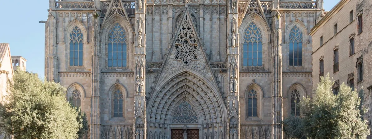 The rose window and Gothic portal of Barcelona Cathedral, in the heart of Barri Gòtic