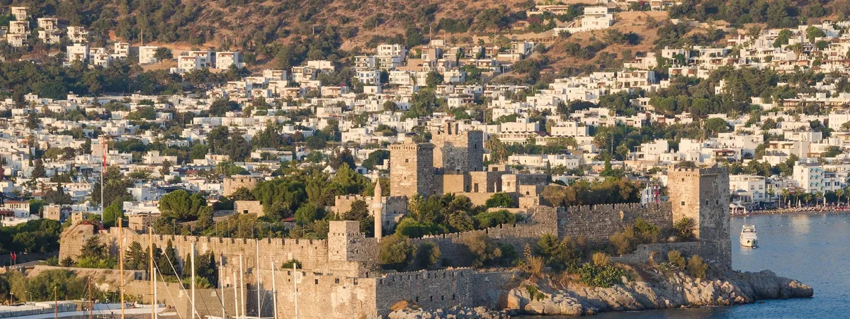 Bodrum Castle (Castle of St. Peter) on its harbor promontory, surrounded by the whitewashed hillside town and marina