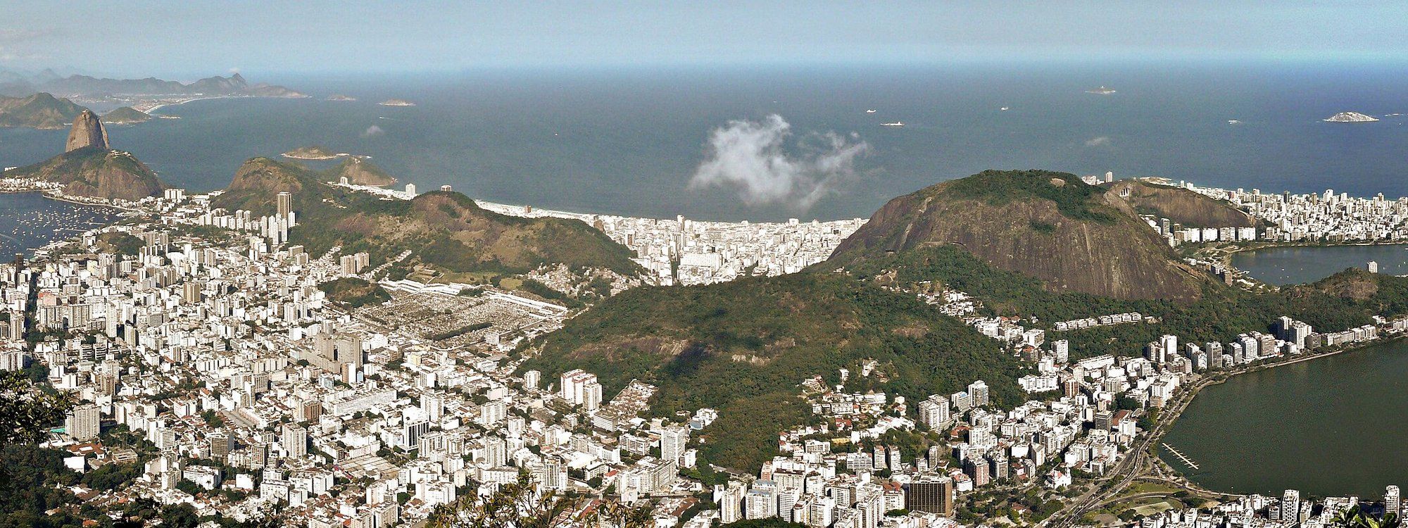 View from Corcovado over Rio de Janeiro, with Sugarloaf Mountain and Guanabara Bay in the distance