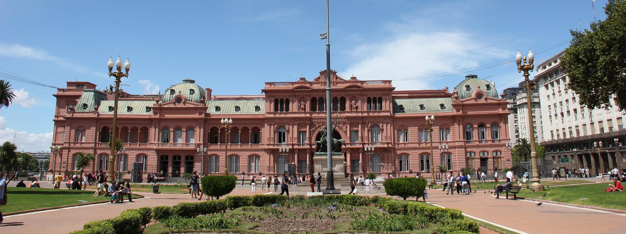 The pink facade of Casa Rosada, Argentina's presidential palace, seen from Plaza de Mayo