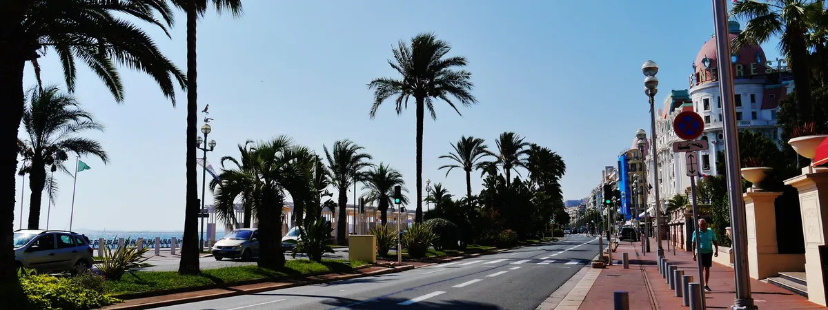 Palm trees lining the Promenade des Anglais with the pink domes of the Hôtel Négresco in Nice's Carré d'Or district