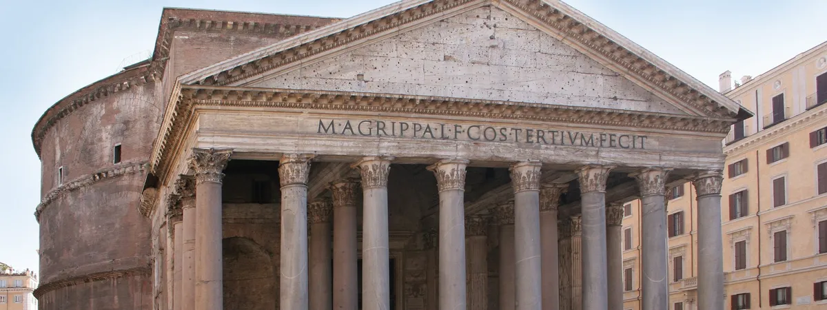 The Pantheon's ancient columned portico and inscription, seen from the piazza in front of it in Rome's Centro Storico