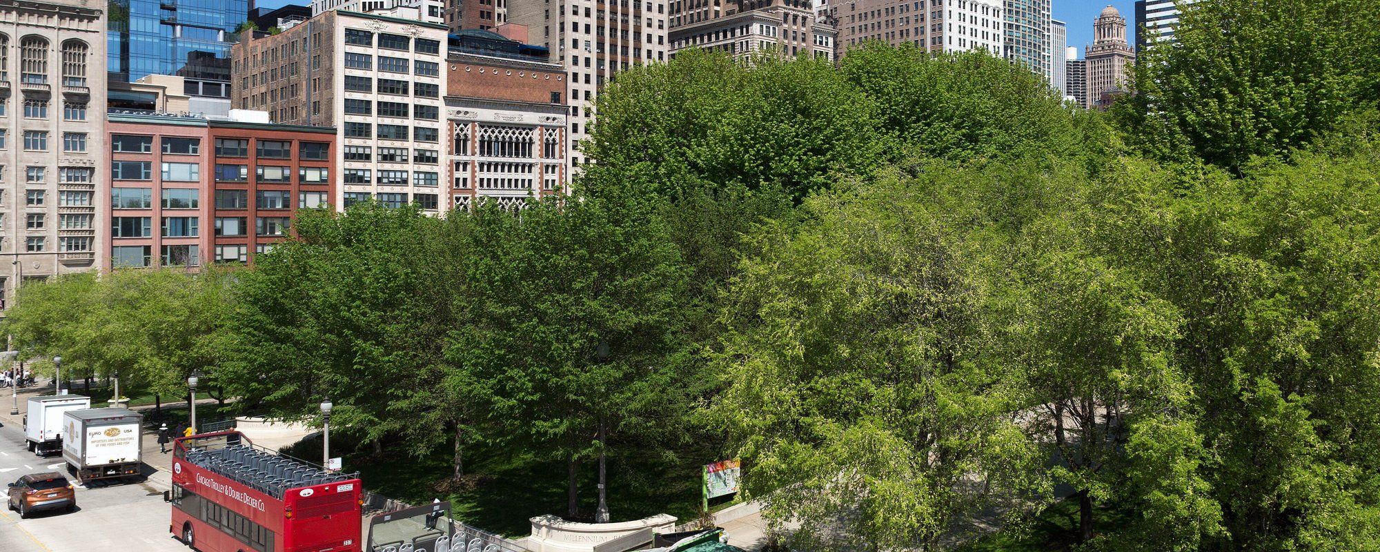 Chicago's downtown skyline of glass and steel towers seen from Millennium Park