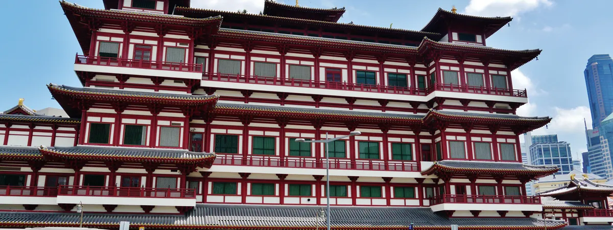 The exterior facade of the Buddha Tooth Relic Temple and Museum in Singapore's Chinatown