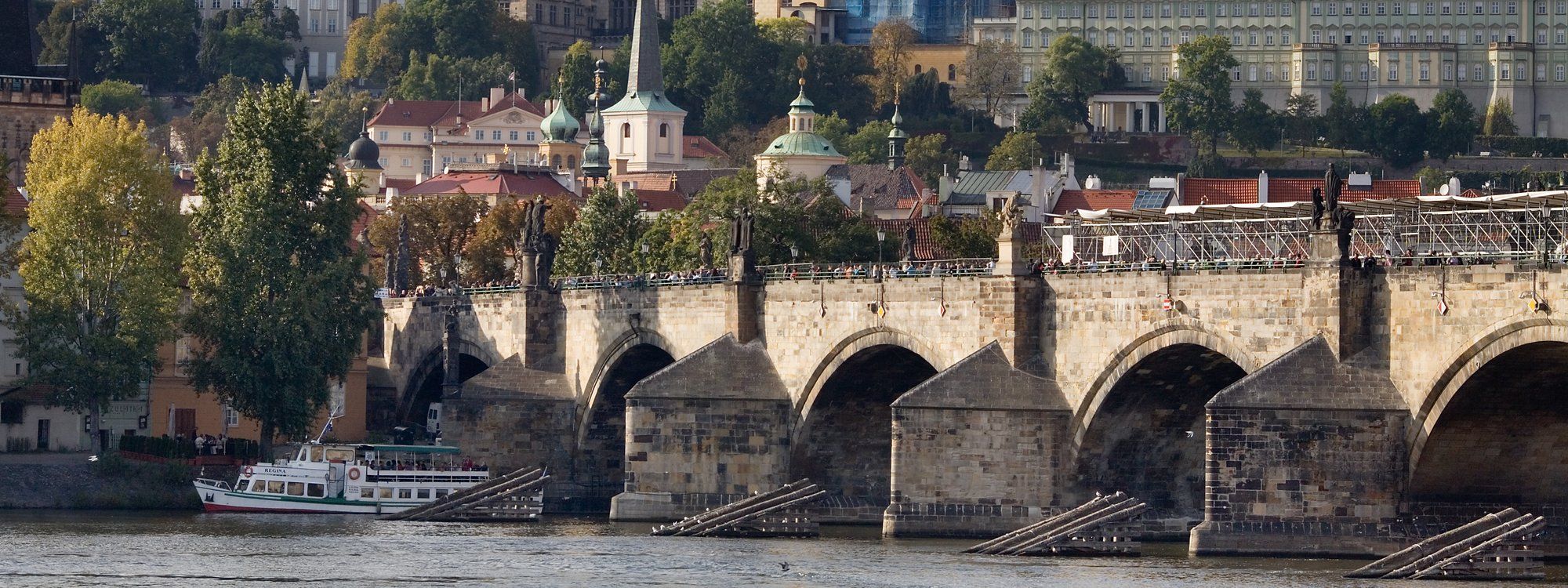 Prague Castle and Charles Bridge seen across the Vltava River