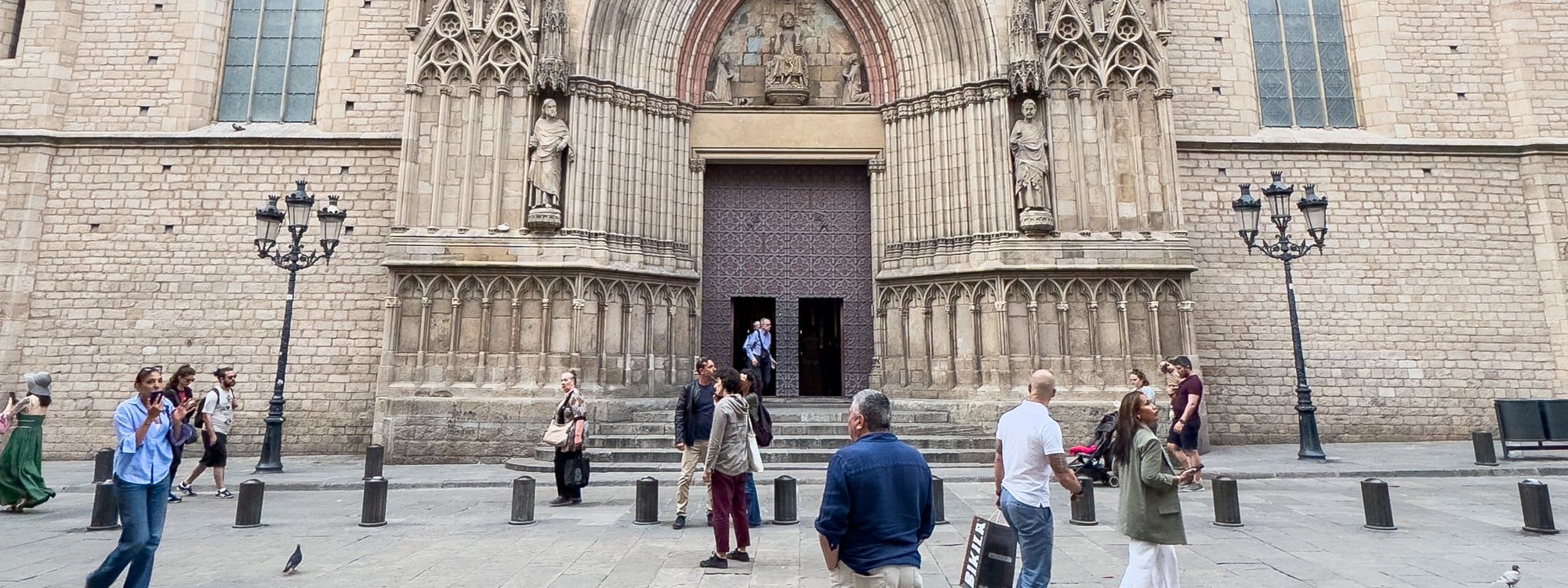 The Gothic entrance of the Basilica of Santa Maria del Mar in El Born, Barcelona