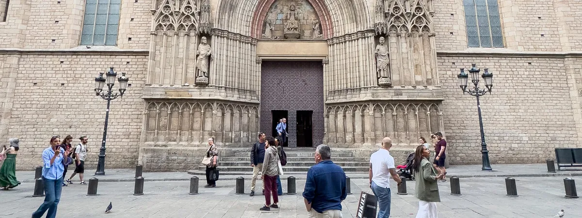 The Gothic entrance of the Basilica of Santa Maria del Mar in El Born, Barcelona