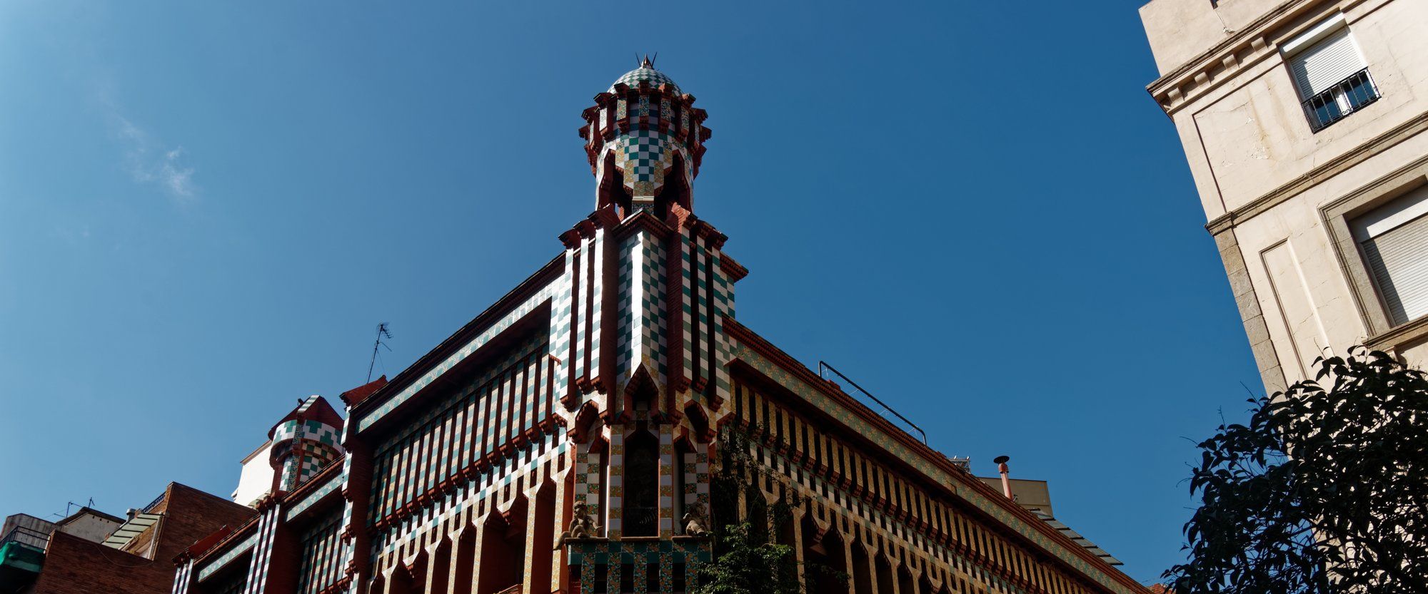 The colorful ceramic-tiled tower of Casa Vicens, Antoni Gaudí's first major building, in Gràcia