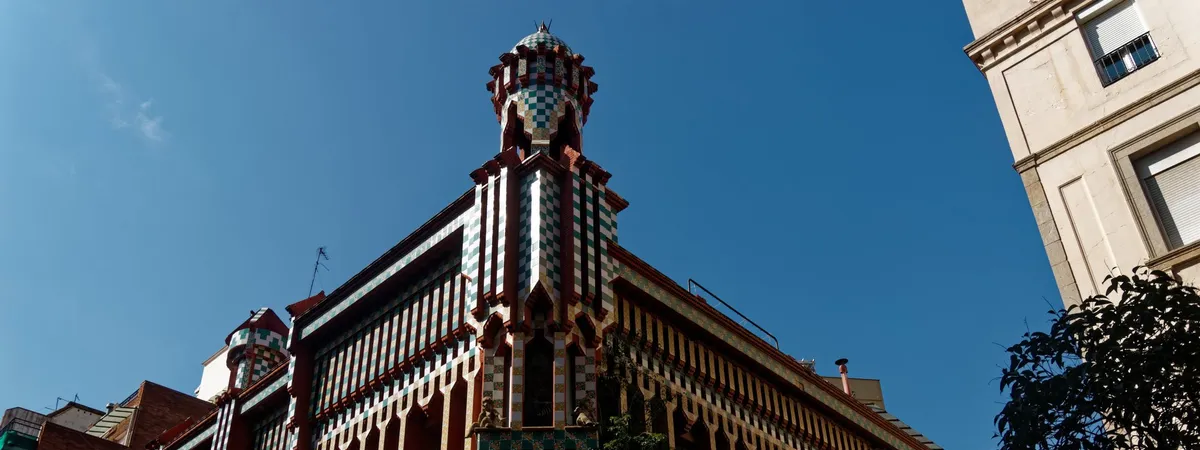 The colorful ceramic-tiled tower of Casa Vicens, Antoni Gaudí's first major building, in Gràcia