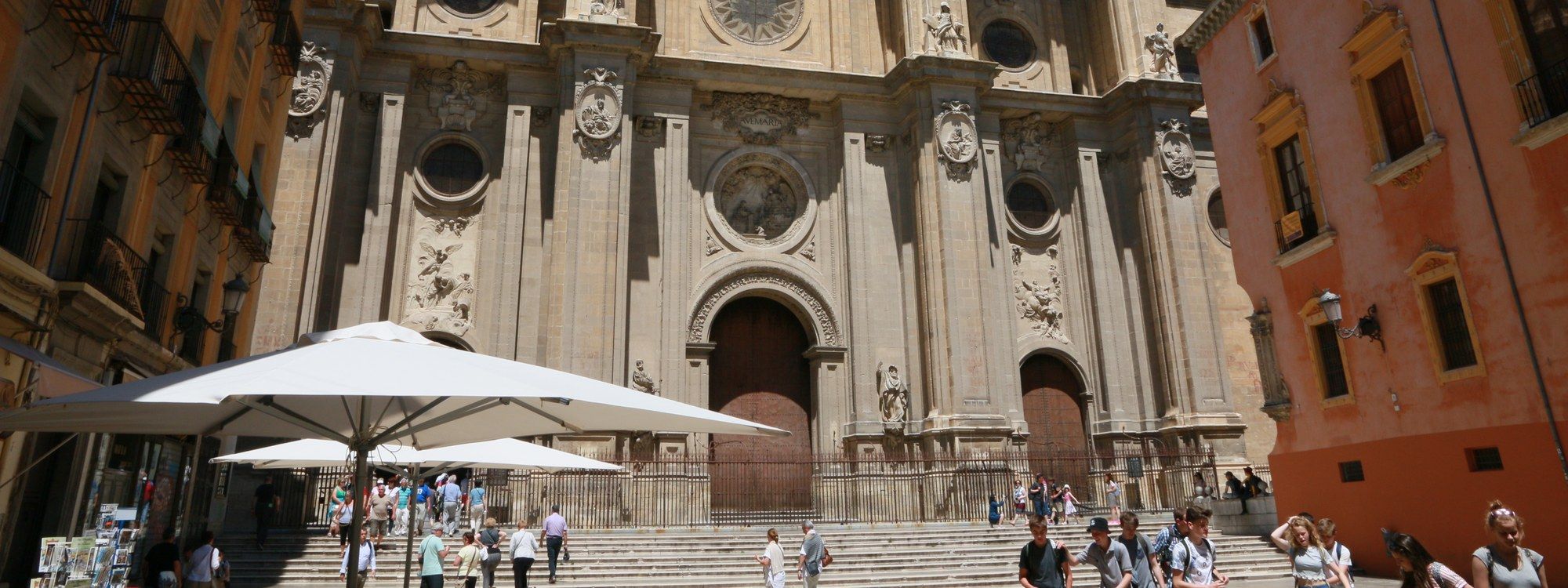 The Baroque facade of Granada Cathedral on Plaza de las Pasiegas, in the city's central Centro-Sagrario district