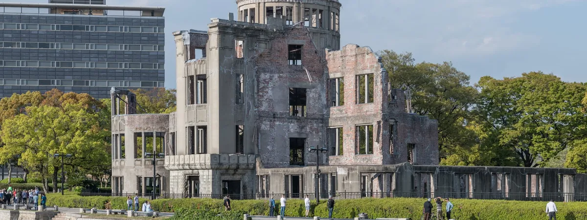 The ruined Atomic Bomb Dome standing beside the Motoyasu River in Hiroshima