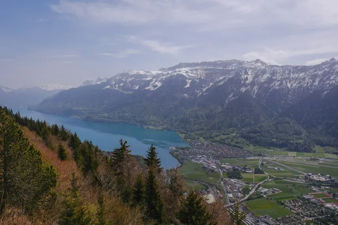 The view from Harder Kulm over Lake Brienz and Interlaken on the flat strip between the two lakes