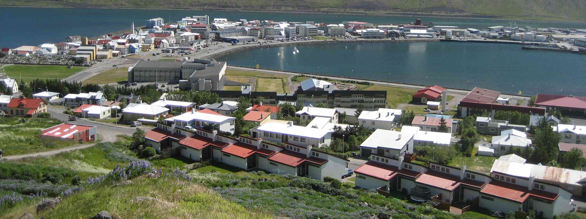 Ísafjörður spread across its sandspit in Skutulsfjörður, with the harbor basin in the middle and flat-topped fjord walls behind