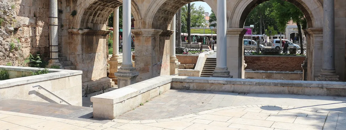Hadrian's Gate, the triple-arched Roman marble gateway into Antalya's walled old town of Kaleiçi