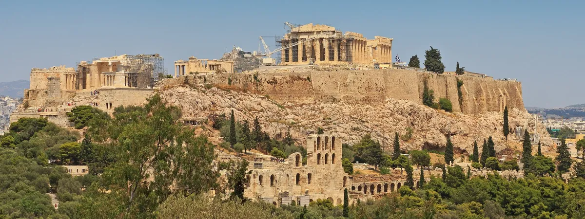 The Acropolis and the Odeon of Herodes Atticus seen from Filopappou Hill, on the edge of Koukaki