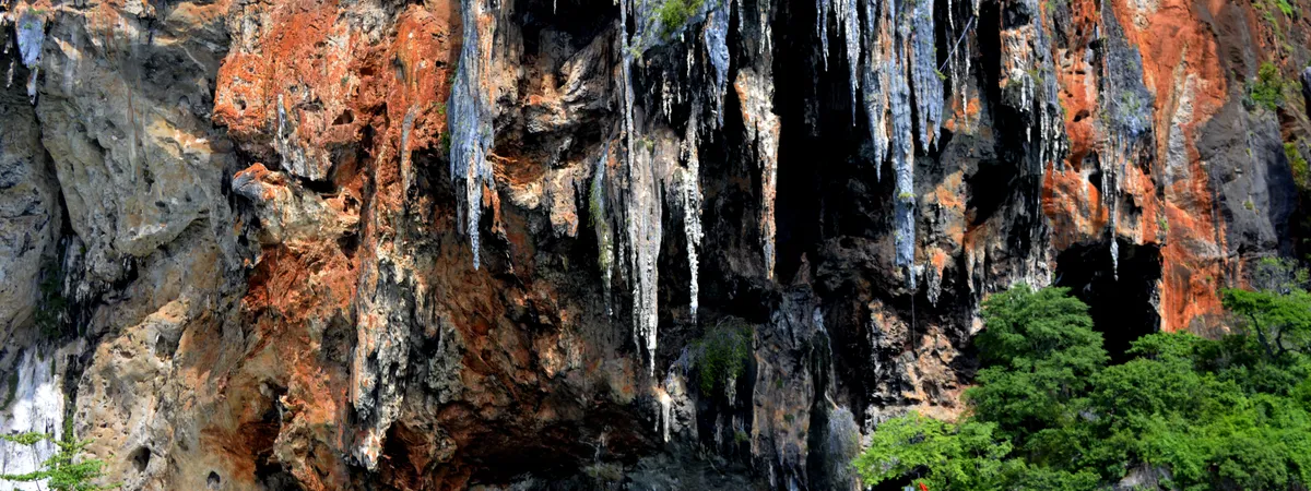 Sheer limestone karst cliffs rising over the water near Railay Beach, Krabi