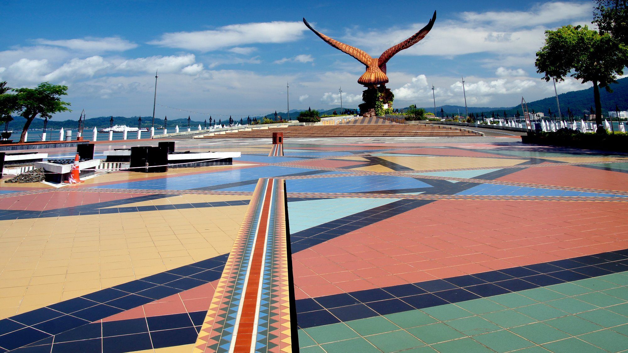 The eagle statue at Eagle Square (Dataran Lang) overlooking Kuah Bay in Langkawi's main town