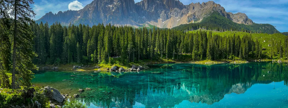 The green water of Lago di Carezza reflecting pine forest and the Latemar range