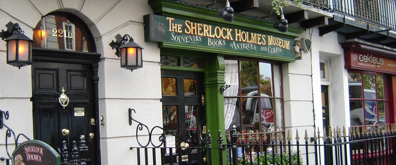 The Sherlock Holmes Museum storefront at 221B Baker Street in Marylebone