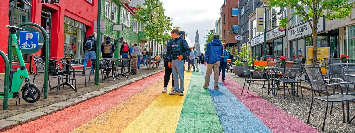 The rainbow-painted Skólavörðustígur street leading up to Hallgrímskirkja church in downtown Reykjavík