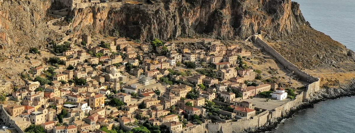 Monemvasia's walled castle-town on its rock, rising straight out of the sea