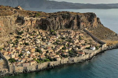 Monemvasia's walled castle-town on its rock, rising straight out of the sea