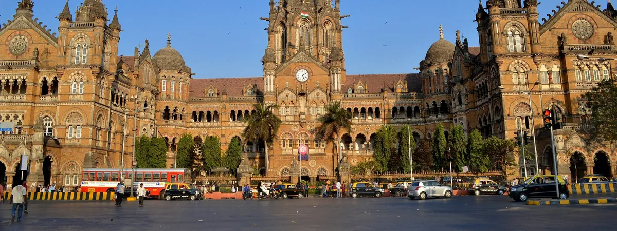 Chhatrapati Shivaji Terminus's Victorian Gothic facade, seen head-on from across the street