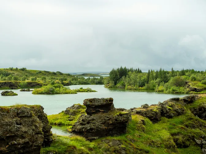 Moss-covered lava pillars lining the still shore of Lake Mývatn