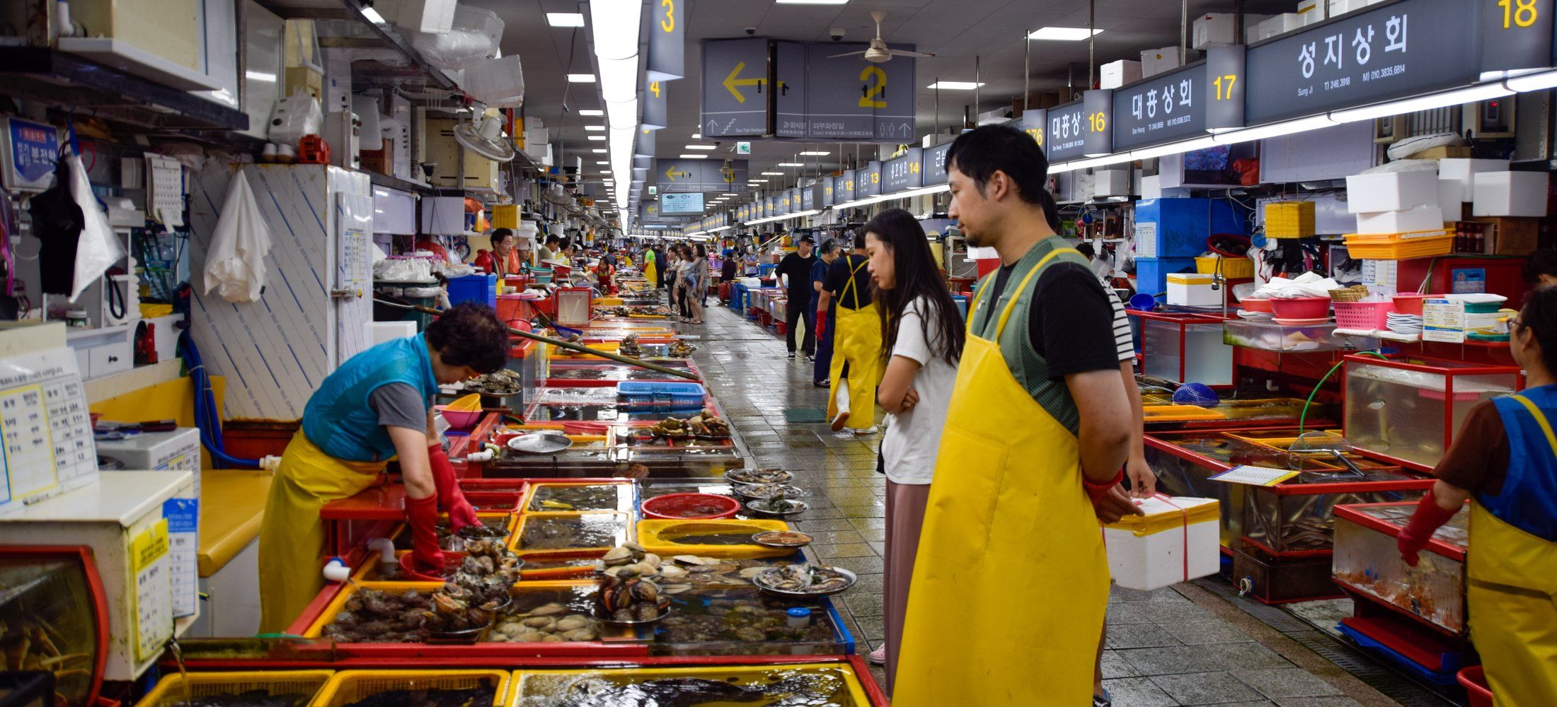 Vendors in yellow aprons working the covered stalls of Jagalchi Fish Market, with numbered aisle signs hanging from the ceiling