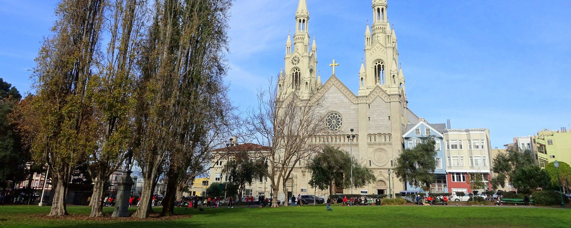 Saints Peter and Paul Church's twin Gothic spires seen from the lawn of Washington Square Park in San Francisco's North Beach