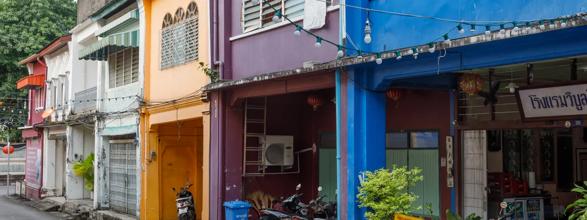 Colorful Sino-Portuguese shophouses lining Thalang Road in Old Phuket Town