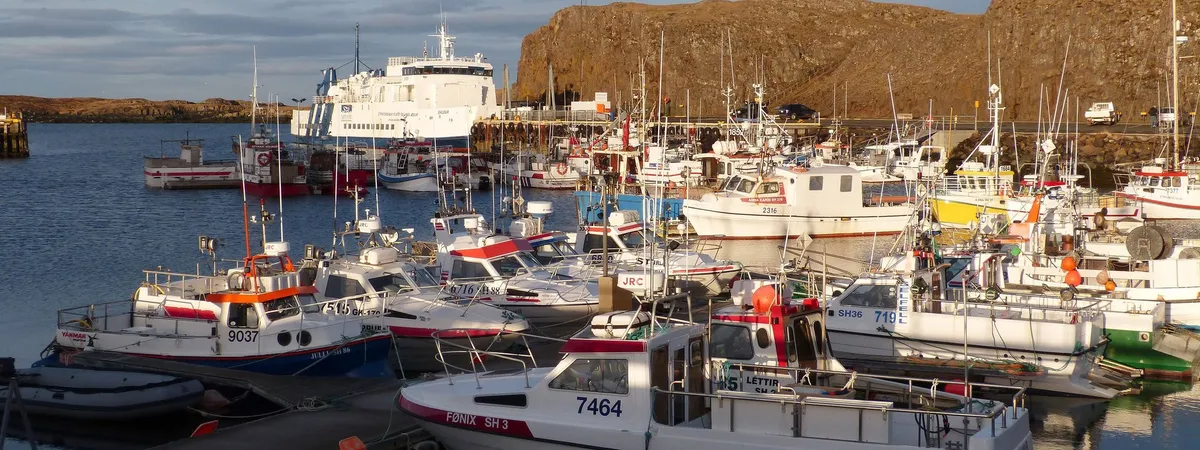 Fishing boats and the Baldur ferry moored in Stykkishólmur harbor, with Súgandisey's cliffs behind