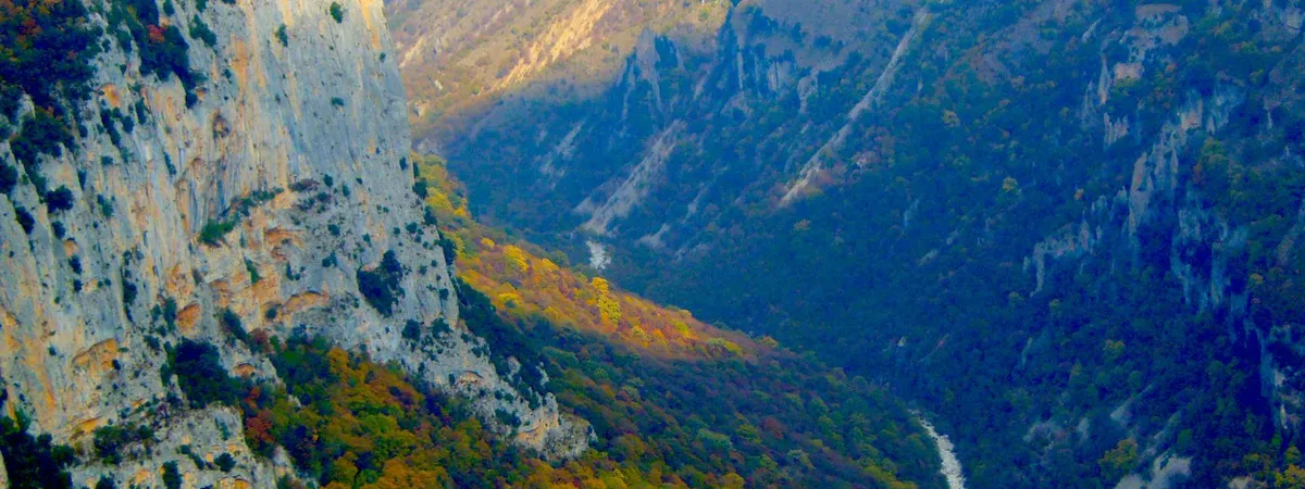 The sheer cliffs of the Vikos Gorge seen from the Oxia viewpoint in autumn
