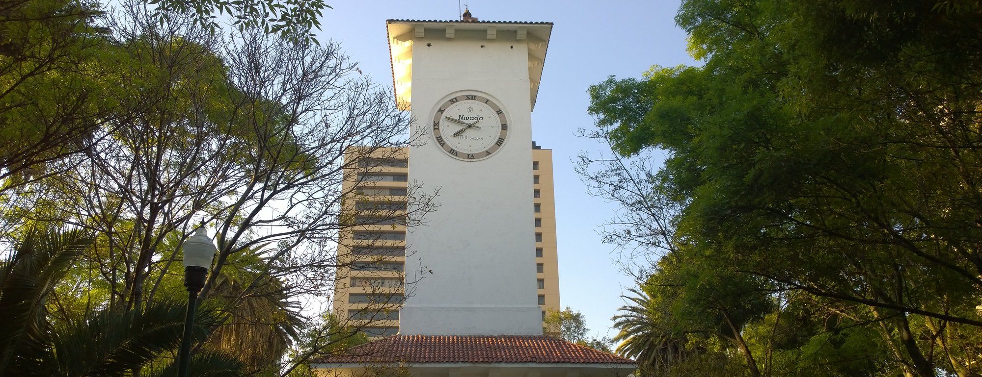 מגדל השעון בפארק לינקולן, פולנקו, נראה מבעד לעצים הסובבים עם בניין רב-קומות מאחוריו