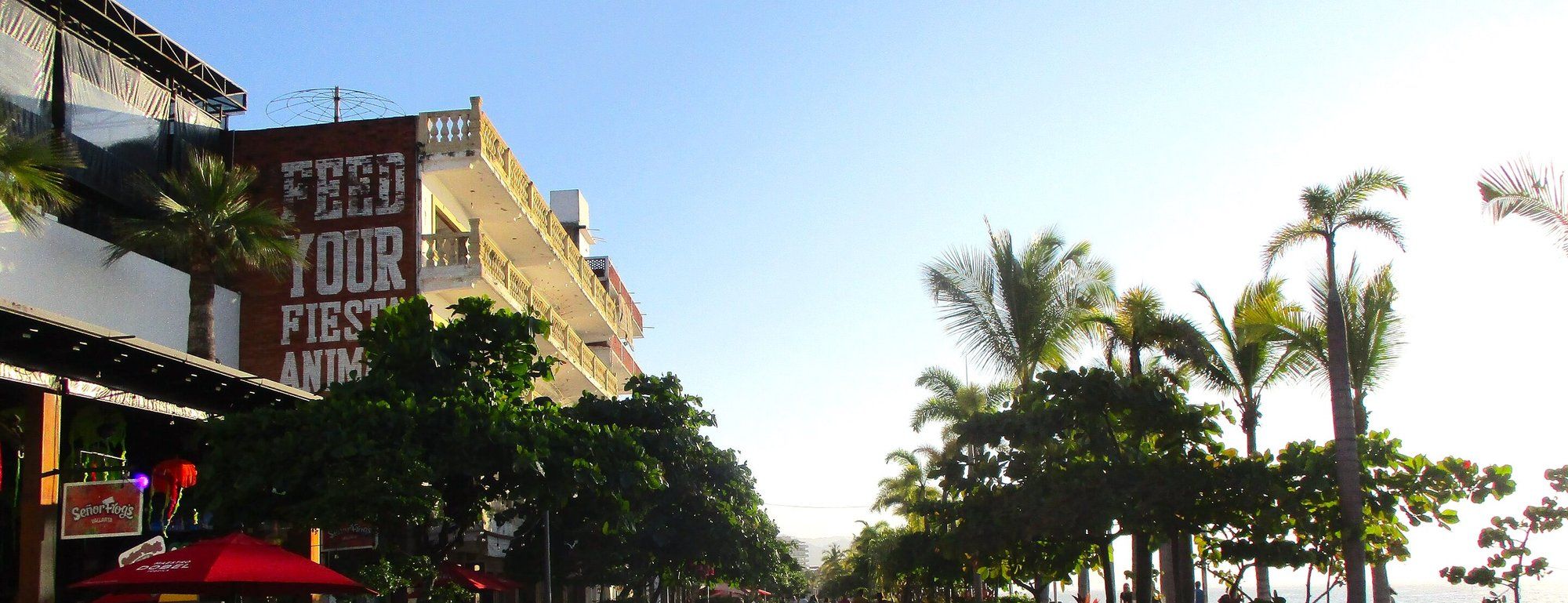 The cobblestone Malecón boardwalk in Puerto Vallarta at sunset, lined with palm trees and restaurants, with the Bay of Banderas visible at the end of the street