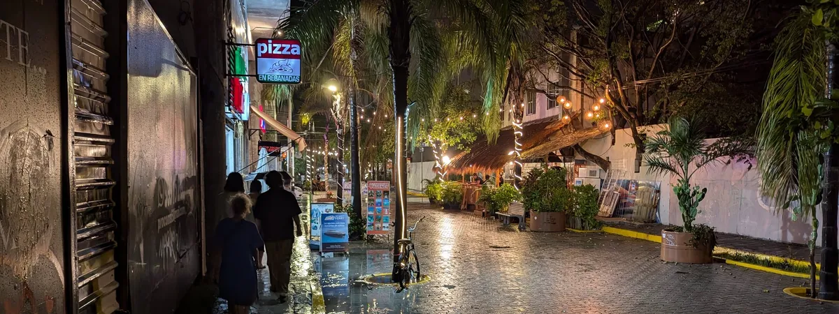 קינטה אבנידה בפלאיה דל כרמן בלילה אחרי גשם, עצי דקל ותאורת חוטים מעל הרחוב ההולכים-הרגל הרטוב המרופד במסעדות וחנויות