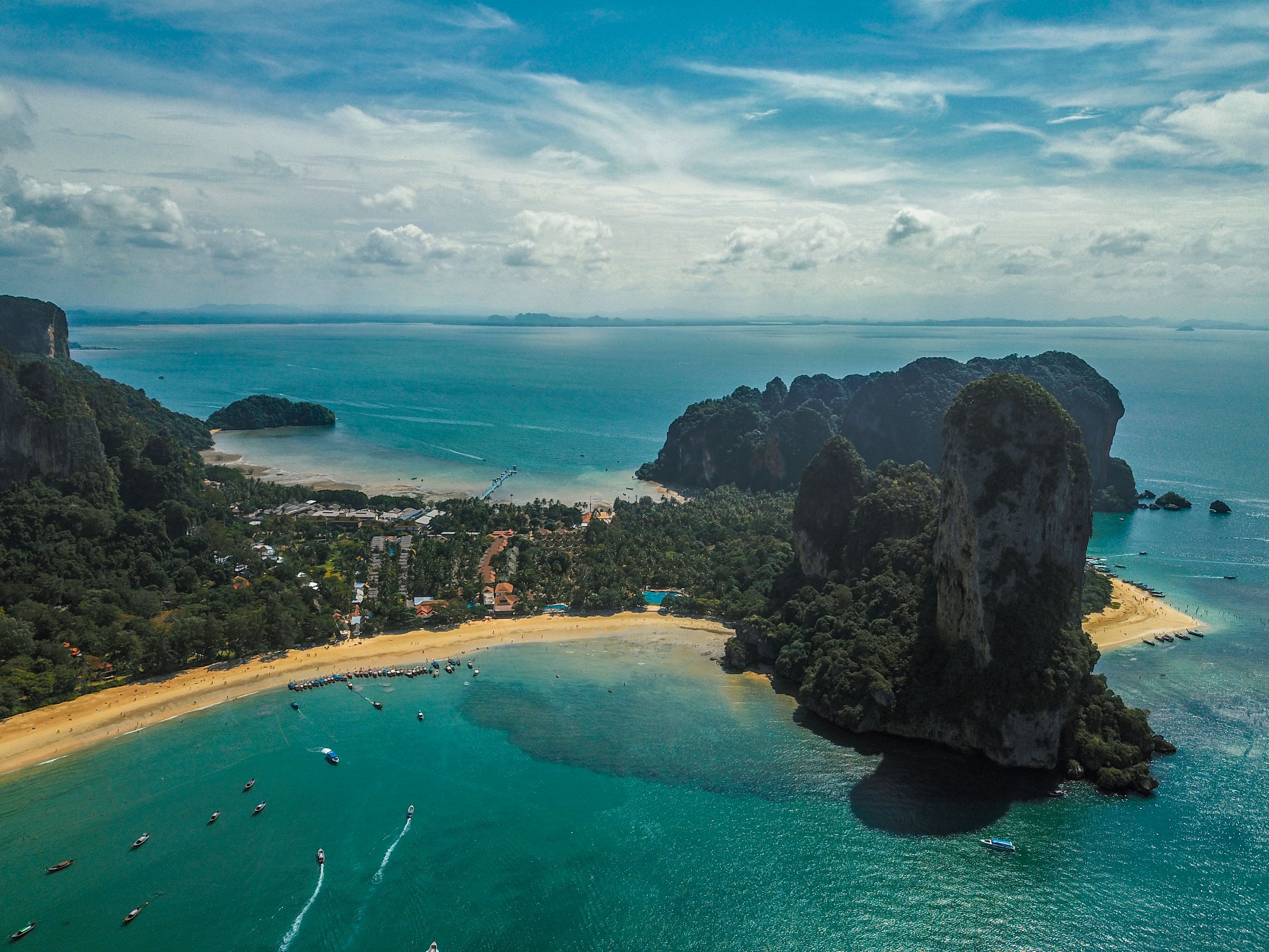Elevated view over Railay's limestone cliffs and coastline, Krabi