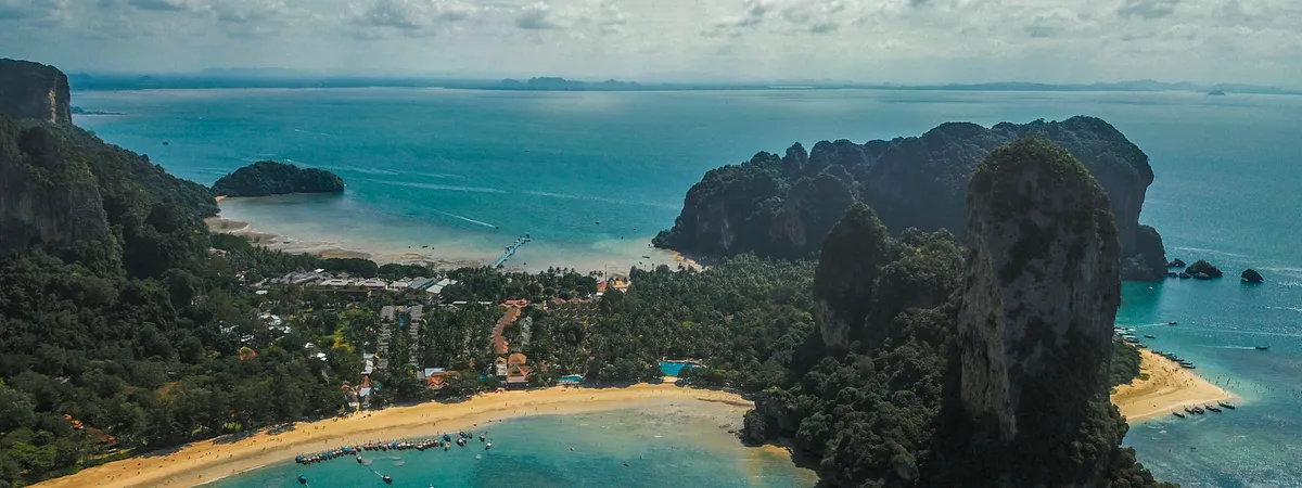 Elevated view over Railay's limestone cliffs and coastline, Krabi