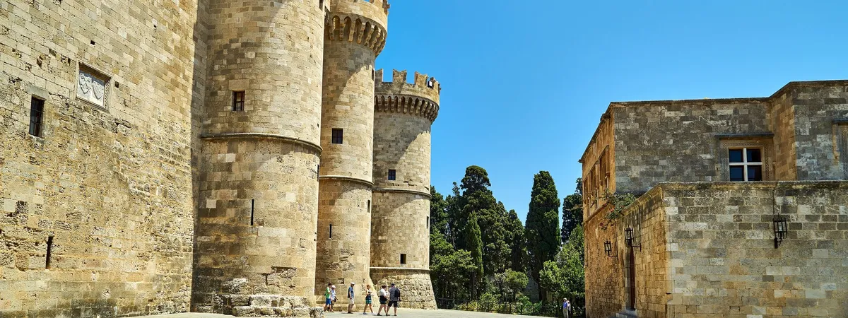 The medieval fortress towers and main gate of the Palace of the Grand Master in Rhodes Old Town