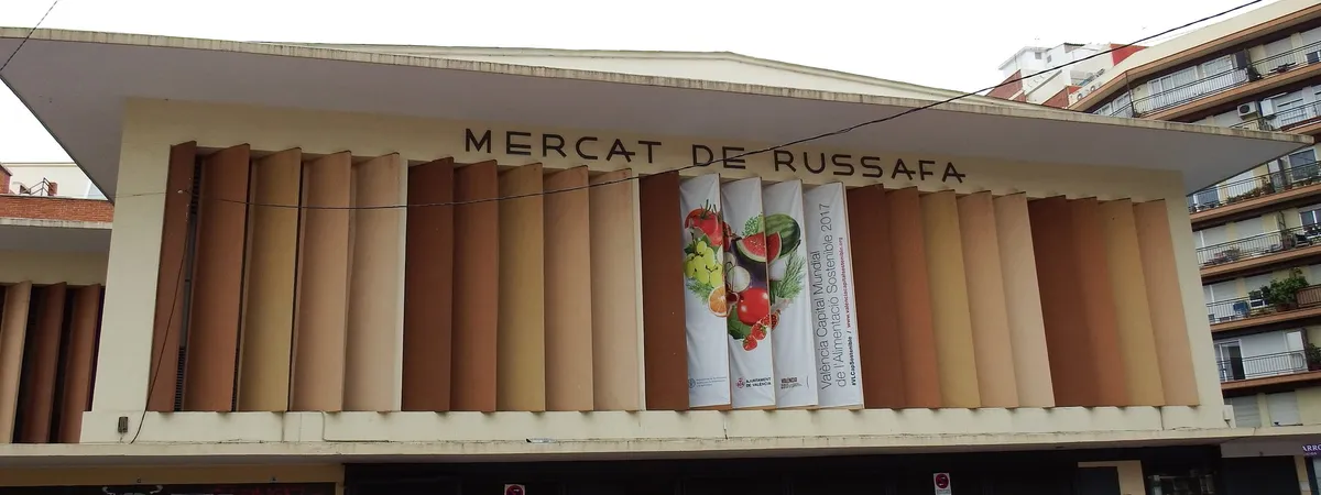 The tiled facade of the Mercat de Russafa, the covered market at the center of Valencia's Russafa neighborhood