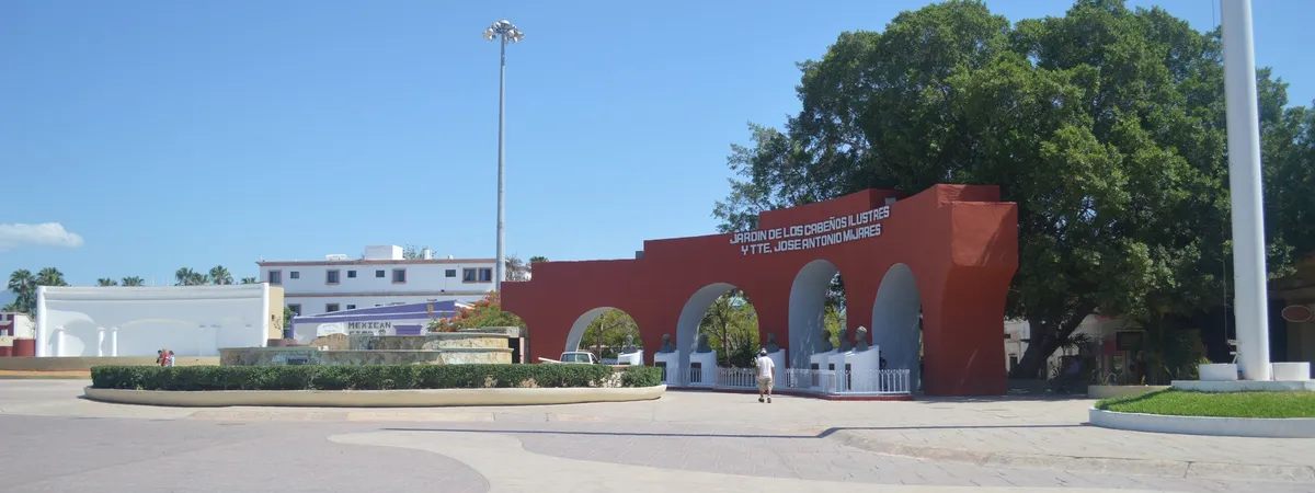 The red arched monument at the entrance to San José del Cabo's central plaza, with a large laurel tree and the town's colonial-era buildings behind it