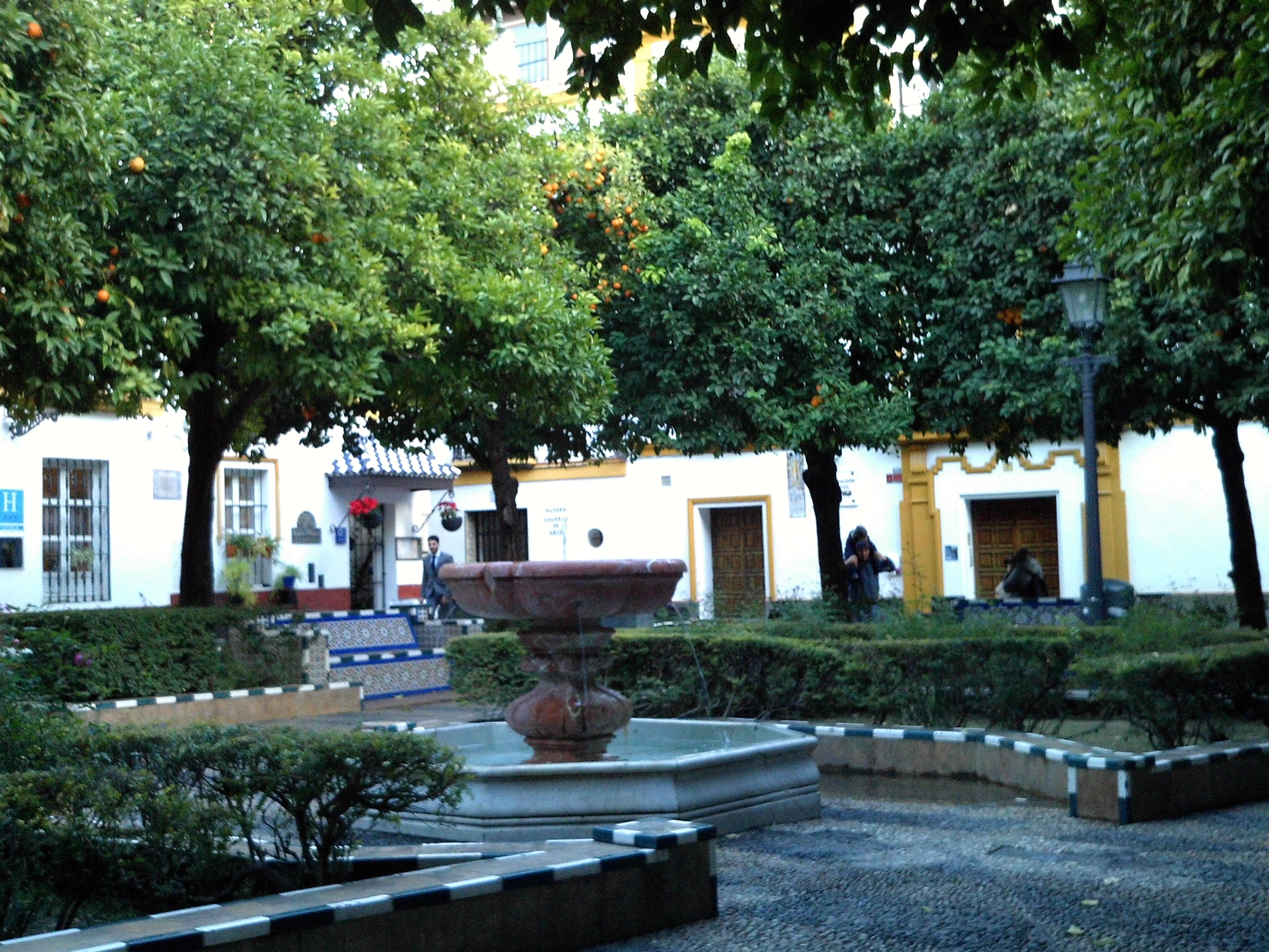 The tiled fountain and orange trees of Plaza de Doña Elvira in Seville's Santa Cruz quarter