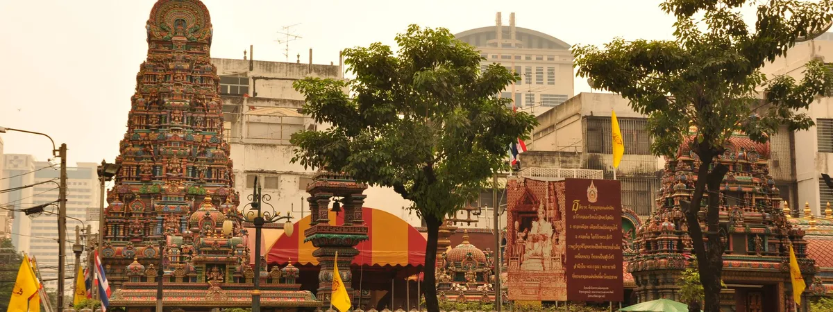 The ornate South Indian-style gopuram tower of Sri Maha Mariamman Temple on Silom Road