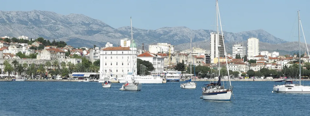 View of Split's harbor, Riva promenade, and the old town from the water